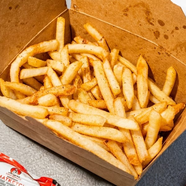 Crispy seasoned french fries in a brown paper container with ketchup packets and a drink.
