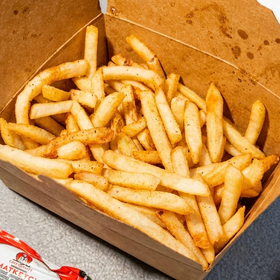 Crispy seasoned french fries in a brown paper container with ketchup packets and a drink.