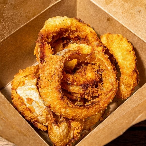 Crispy golden-brown onion rings in a brown cardboard takeout box on a wooden table.