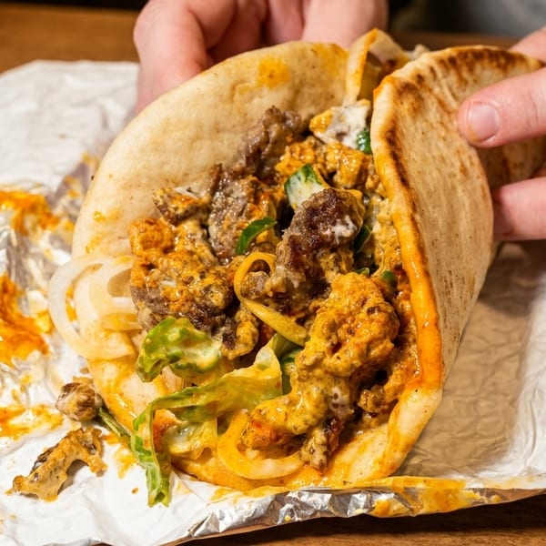Hands holding a pita bread sandwich filled with meat, lettuce, onions, and orange sauce.