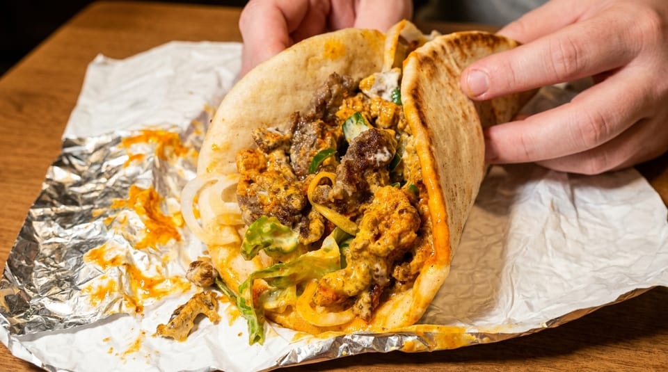 Hands holding a pita bread sandwich filled with meat, lettuce, onions, and orange sauce.