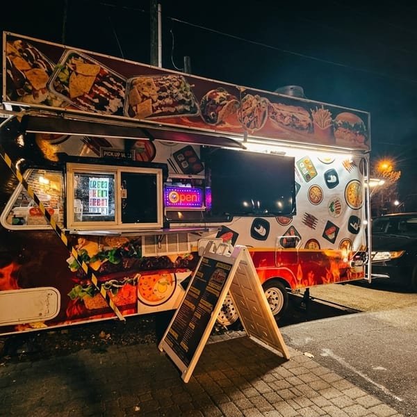 A brightly lit food truck with an "Open" sign at night, parked on a street with cars.