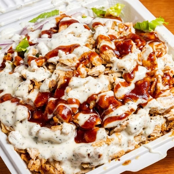 Chicken and rice platter with white and red sauce, lettuce, and onions in a white takeout container.