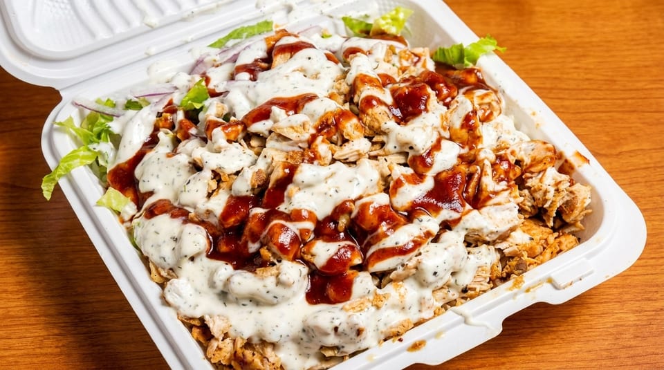 Chicken and rice platter with white and red sauce, lettuce, and onions in a white takeout container.