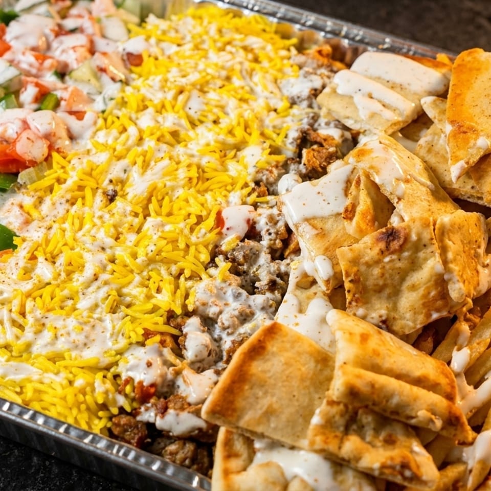 Large catering tray filled with salad, yellow rice, meat, pita bread, and french fries, all drizzled with white sauce.